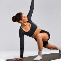 SoftMotion™ Scoop Neck Long Sleeve Crop Top with Built in Bra Shelf with Gray Logo | Coal