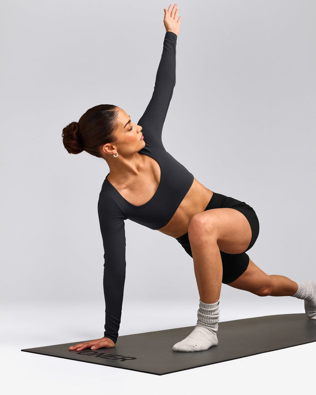 SoftMotion™ Scoop Neck Long Sleeve Crop Top with Built in Bra Shelf with Gray Logo | Coal