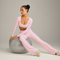 SoftMotion™ Scoop Neck Long Sleeve Crop Top with Built in Bra Shelf with Gray Logo | Soft Girl Pink