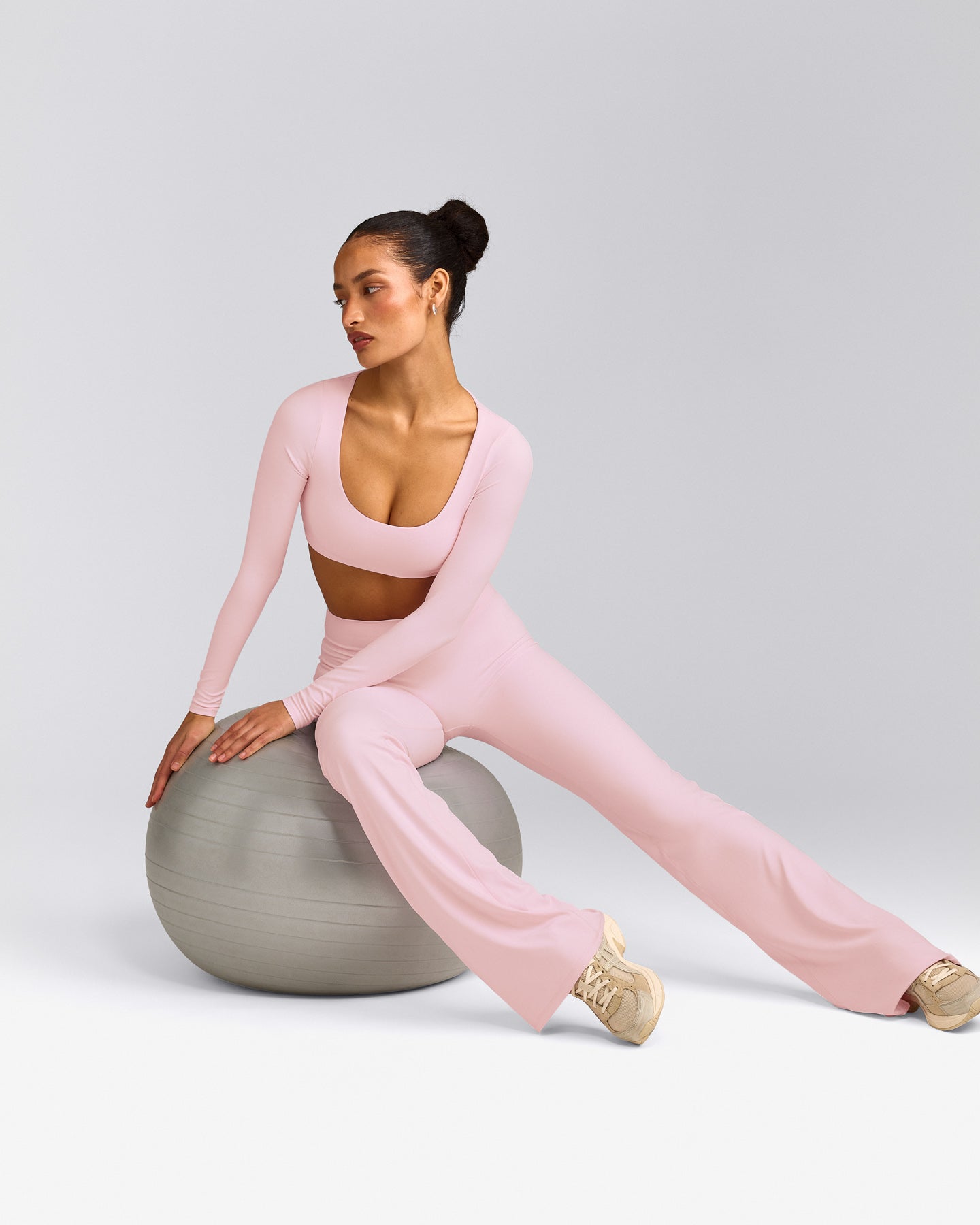 SoftMotion™ Scoop Neck Long Sleeve Crop Top with Built in Bra Shelf with Gray Logo | Soft Girl Pink