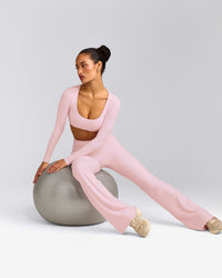 SoftMotion™ Scoop Neck Long Sleeve Crop Top with Built in Bra Shelf with Gray Logo | Soft Girl Pink