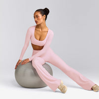SoftMotion™ Scoop Neck Long Sleeve Crop Top with Built in Bra Shelf with Gray Logo | Soft Girl Pink