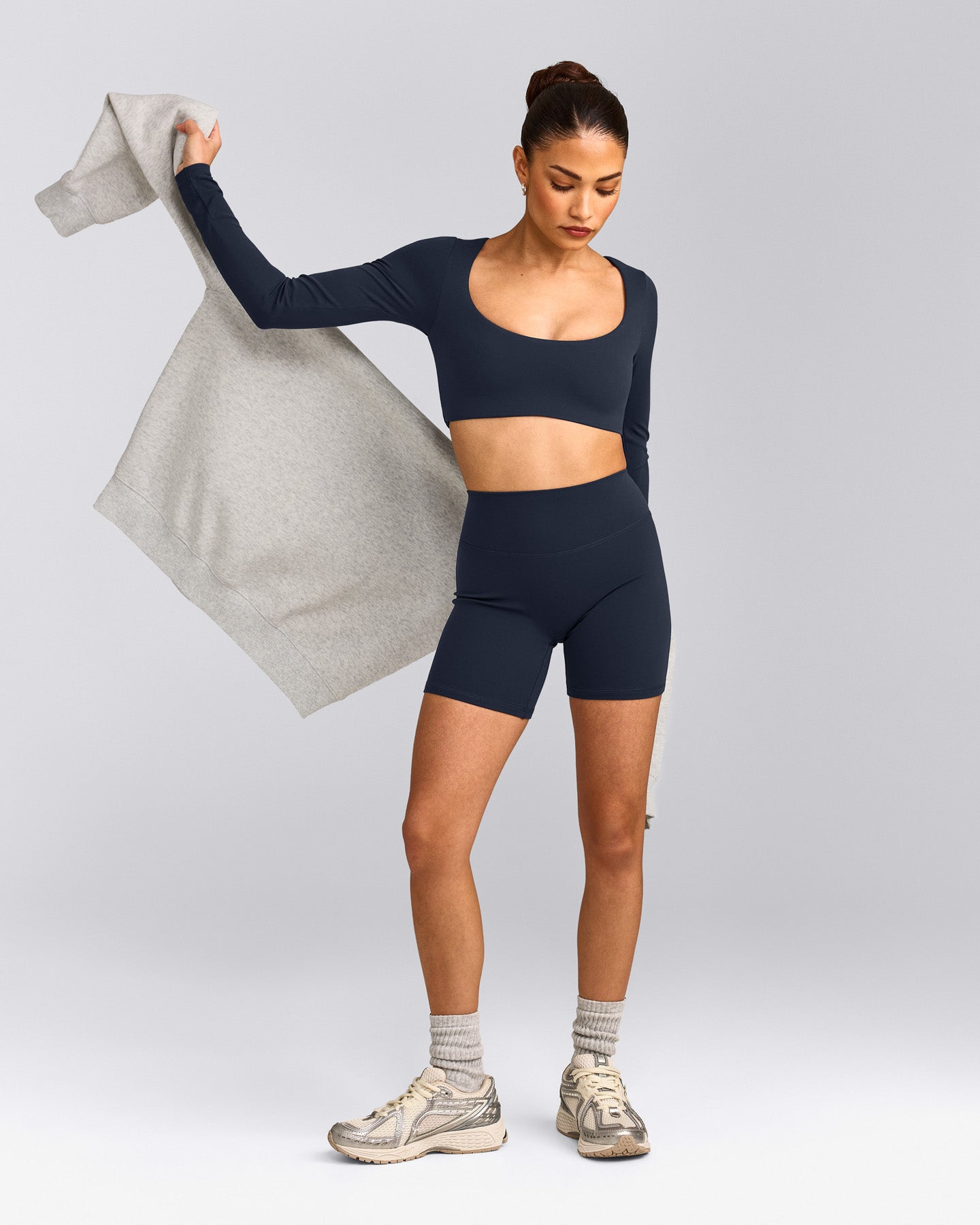 SoftMotion™ Scoop Neck Long Sleeve Crop Top with Built in Bra Shelf with Gray Logo | True Blue