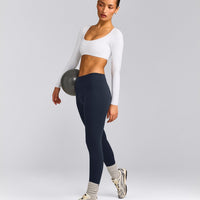 SoftMotion™ Scoop Neck Long Sleeve Crop Top with Built in Bra Shelf with Gray Logo | White