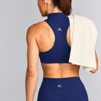 EasyLift™ Zip High Neck Sports Bra with Gray Logo | Varsity Blue