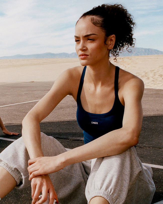 Mellow™ Rib Racer Back Mid Tank Top with Built in Bra Shelf | Varsity Blue