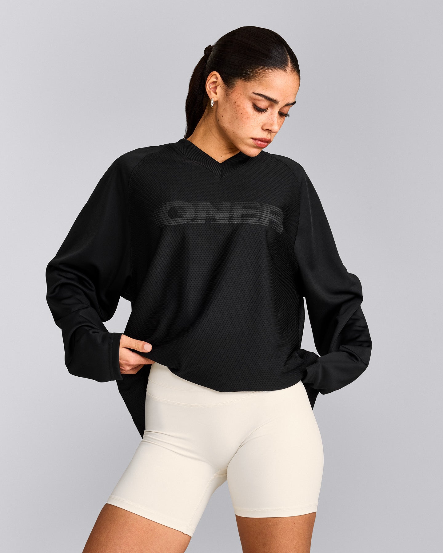Oversized V Neck Long Sleeve T-Shirt with Oner Graphic | Black