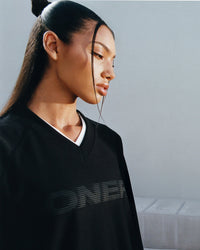 Oversized V Neck Long Sleeve T-Shirt with Oner Graphic | Black