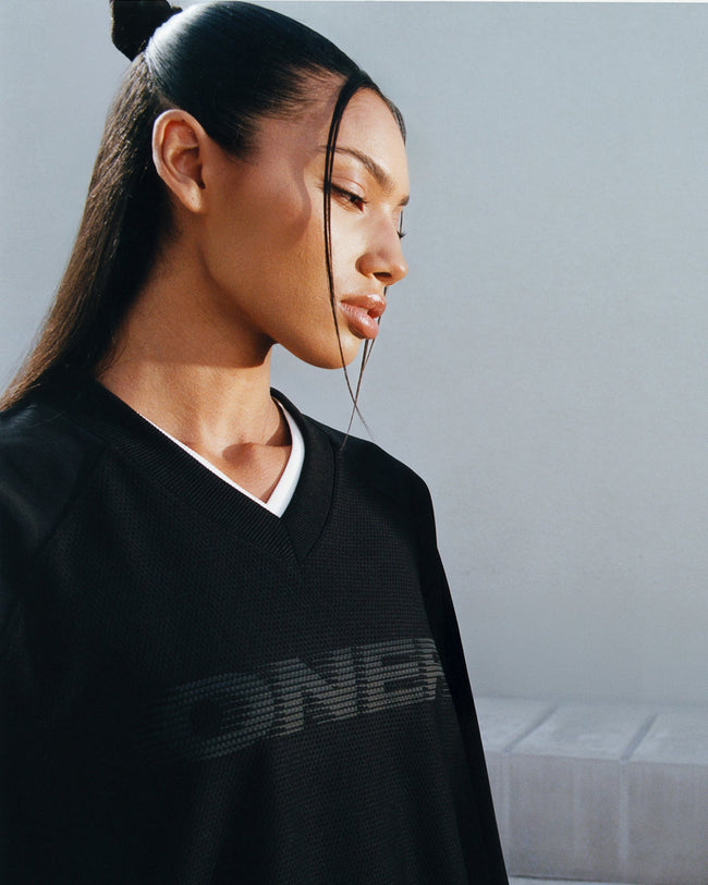 Oversized V Neck Long Sleeve T-Shirt with Oner Graphic | Black