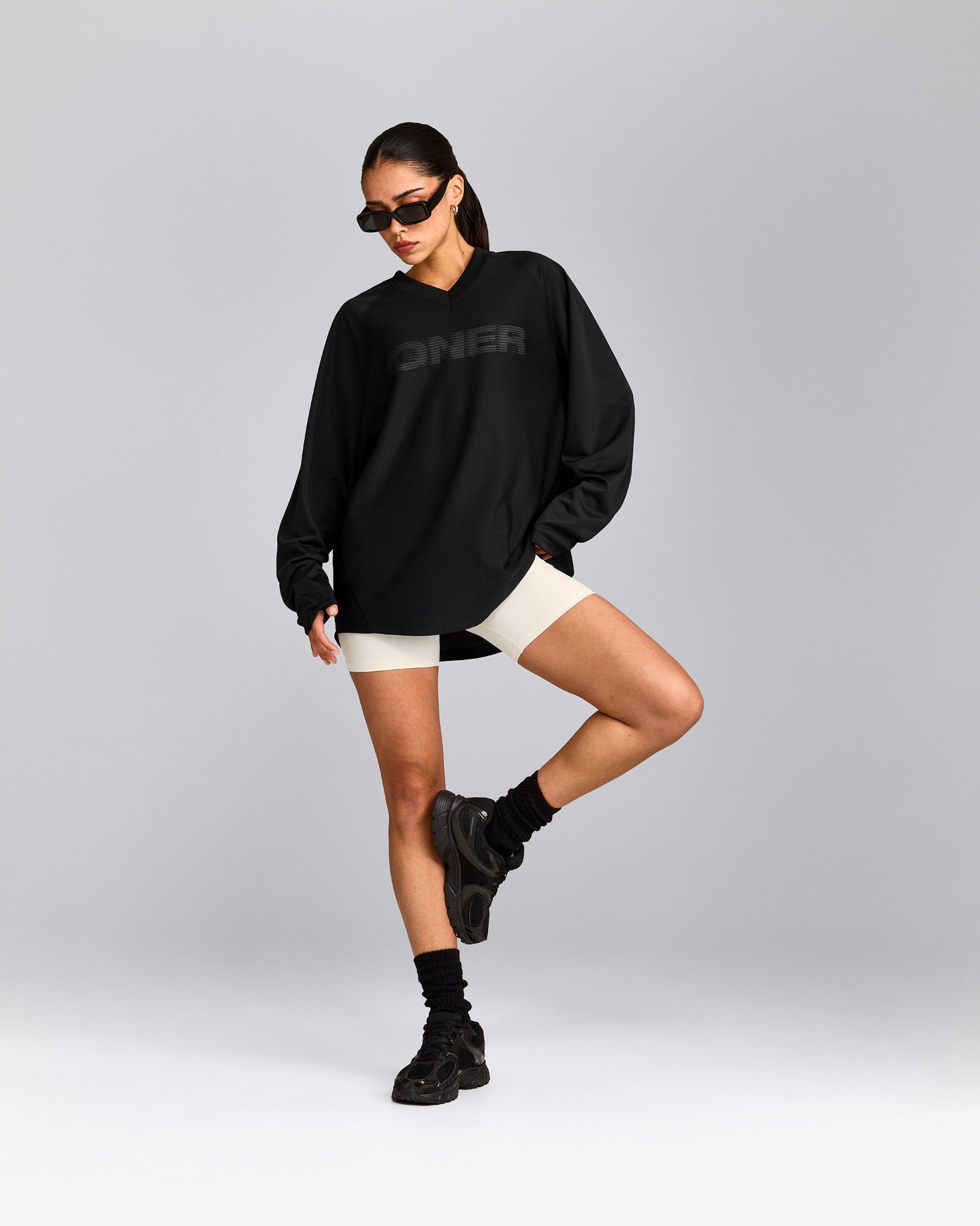 Oversized V Neck Long Sleeve T-Shirt with Oner Graphic | Black