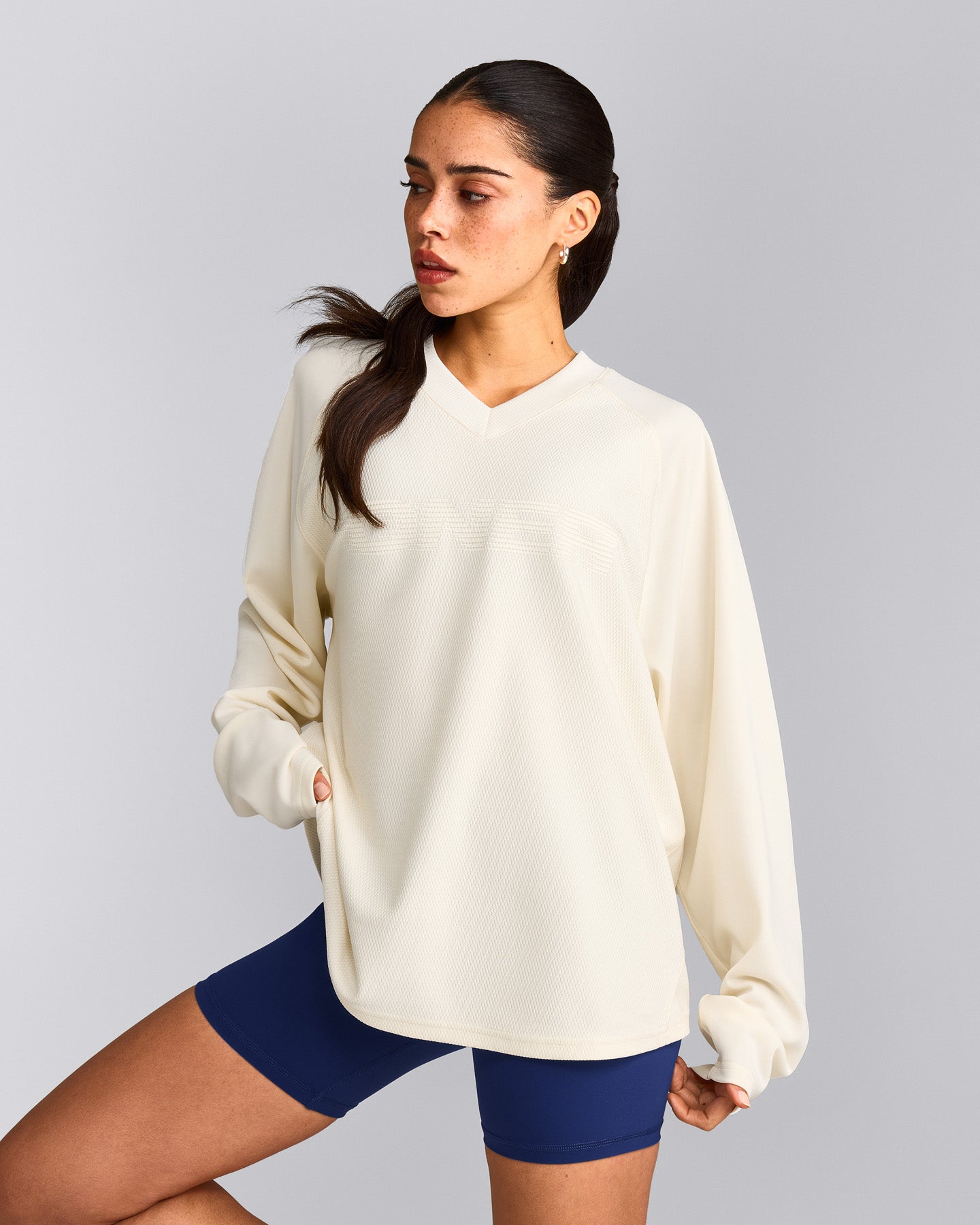 Oversized V Neck Long Sleeve T-Shirt with Oner Graphic | Off White