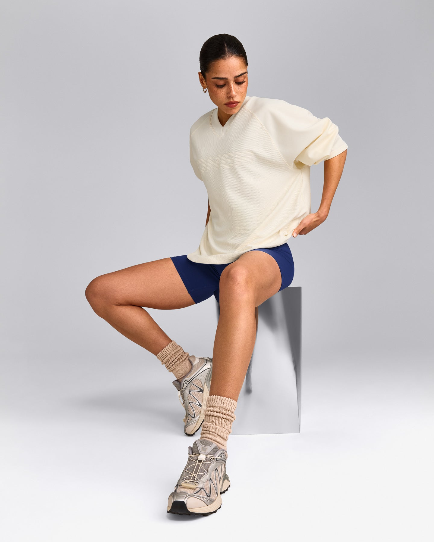 Oversized V Neck Long Sleeve T-Shirt with Oner Graphic | Off White