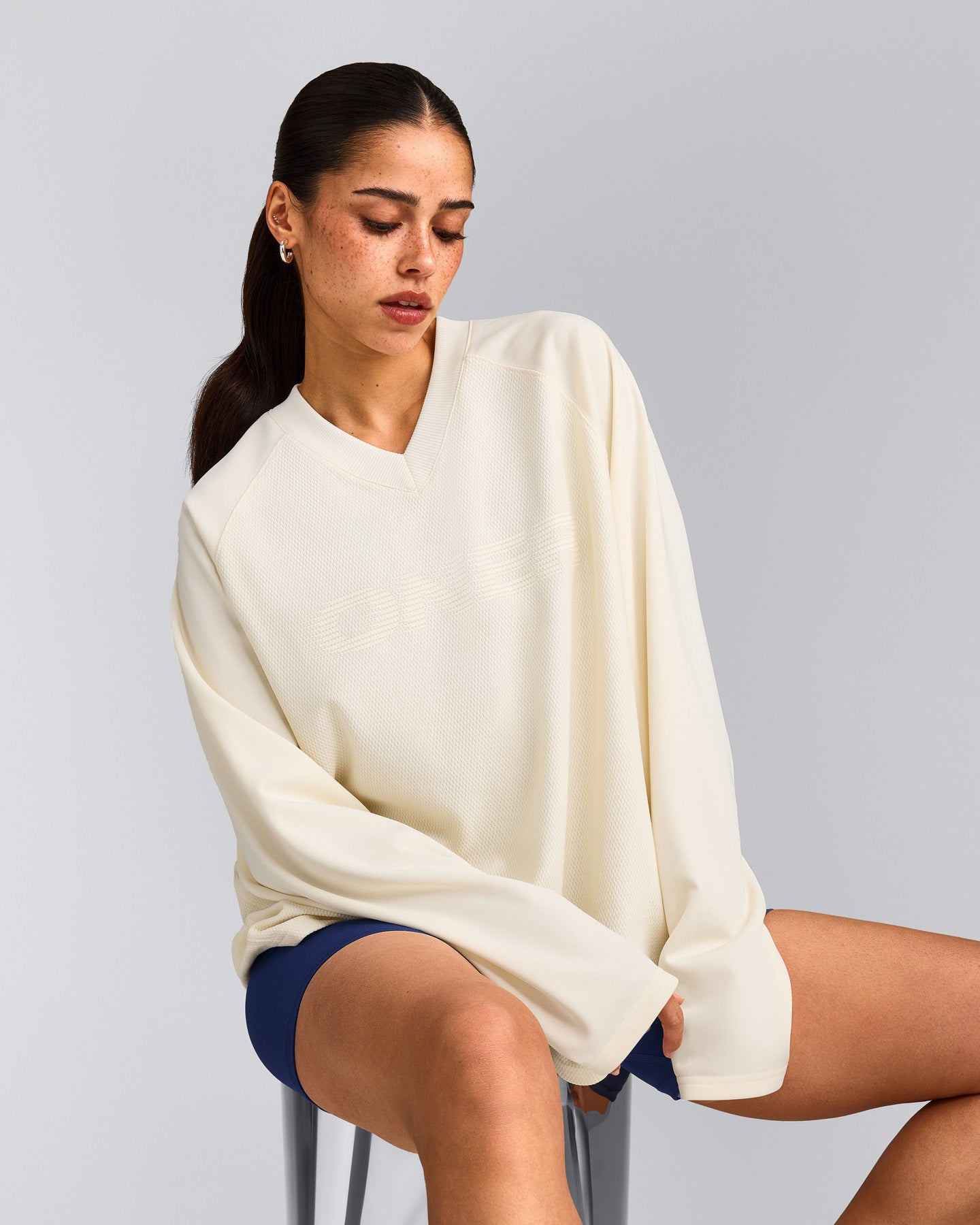 Oversized V Neck Long Sleeve T-Shirt with Oner Graphic | Off White