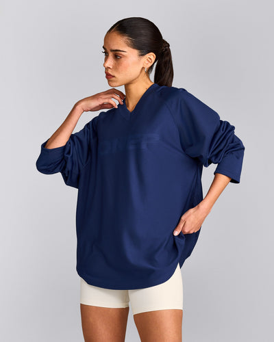 Oversized V Neck Long Sleeve T-Shirt with Oner Graphic | Varsity Blue