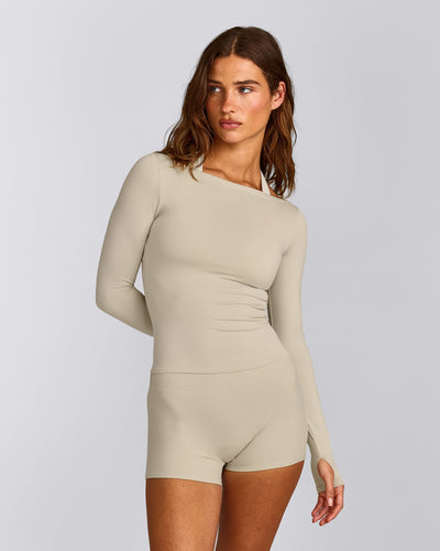FormeSoft™ Fitted Off-The-Shoulder Long Sleeve Top | Oatmeal