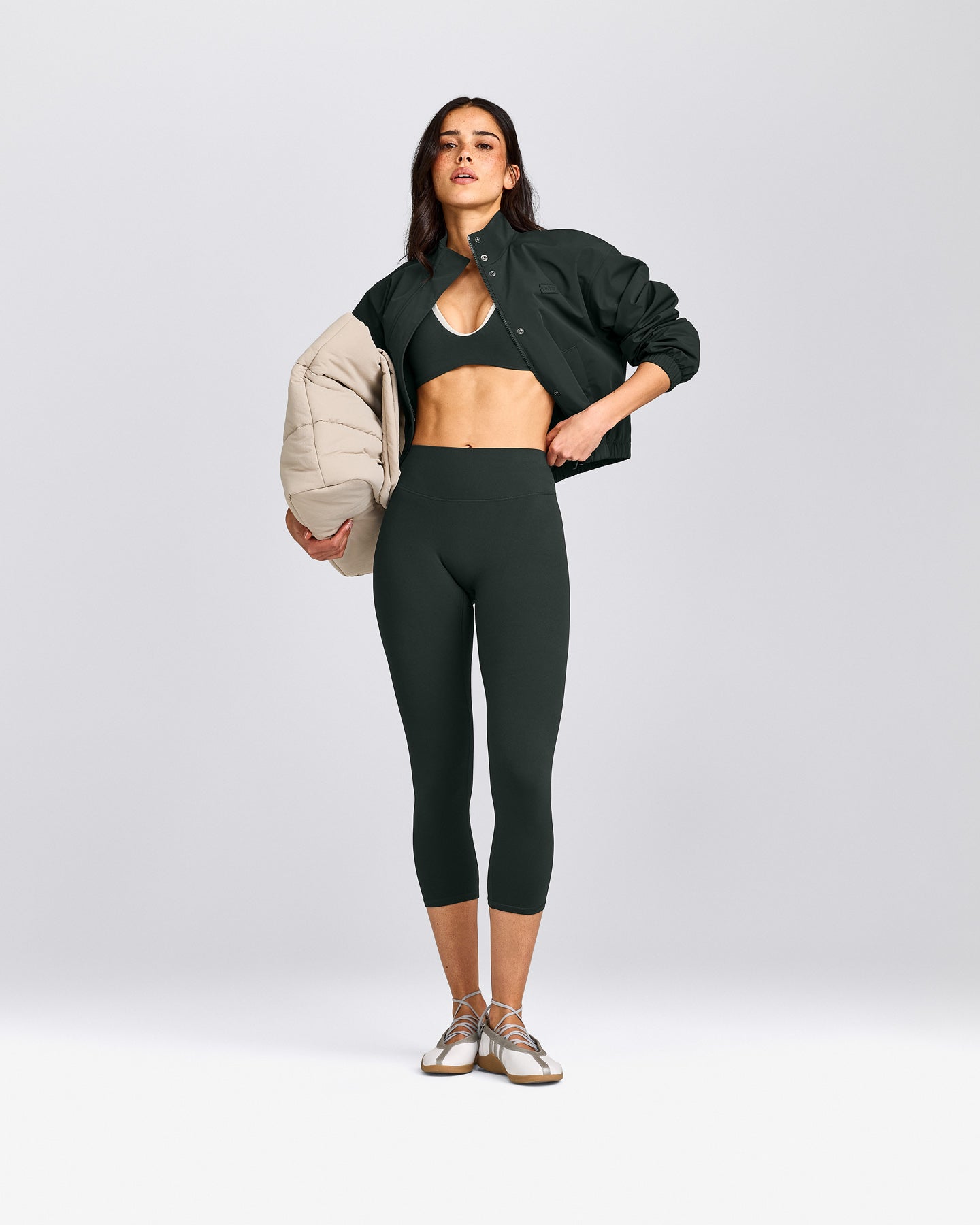 SoftMotion™ 3/4 Length Leggings with Gray Logo | Emerald Noir