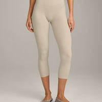 SoftMotion™ 3/4 Length Leggings with Gray Logo | Oatmeal