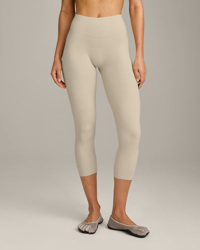 SoftMotion™ 3/4 Length Leggings with Gray Logo | Oatmeal