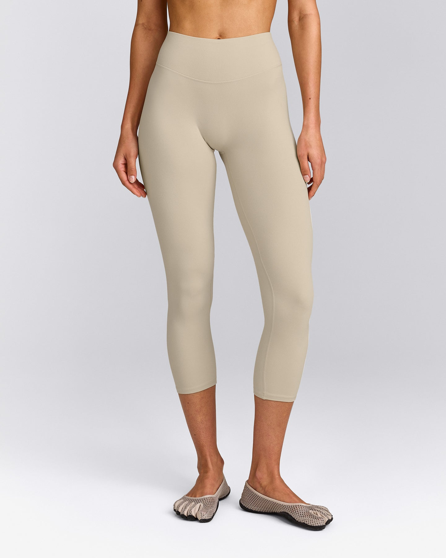 SoftMotion™ 3/4 Length Leggings with Gray Logo | Oatmeal