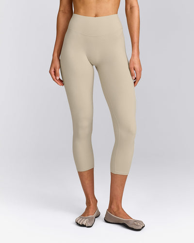 SoftMotion™ 3/4 Length Leggings with Gray Logo | Oatmeal