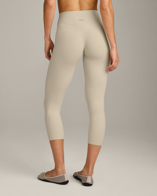 SoftMotion™ 3/4 Length Leggings with Gray Logo | Oatmeal