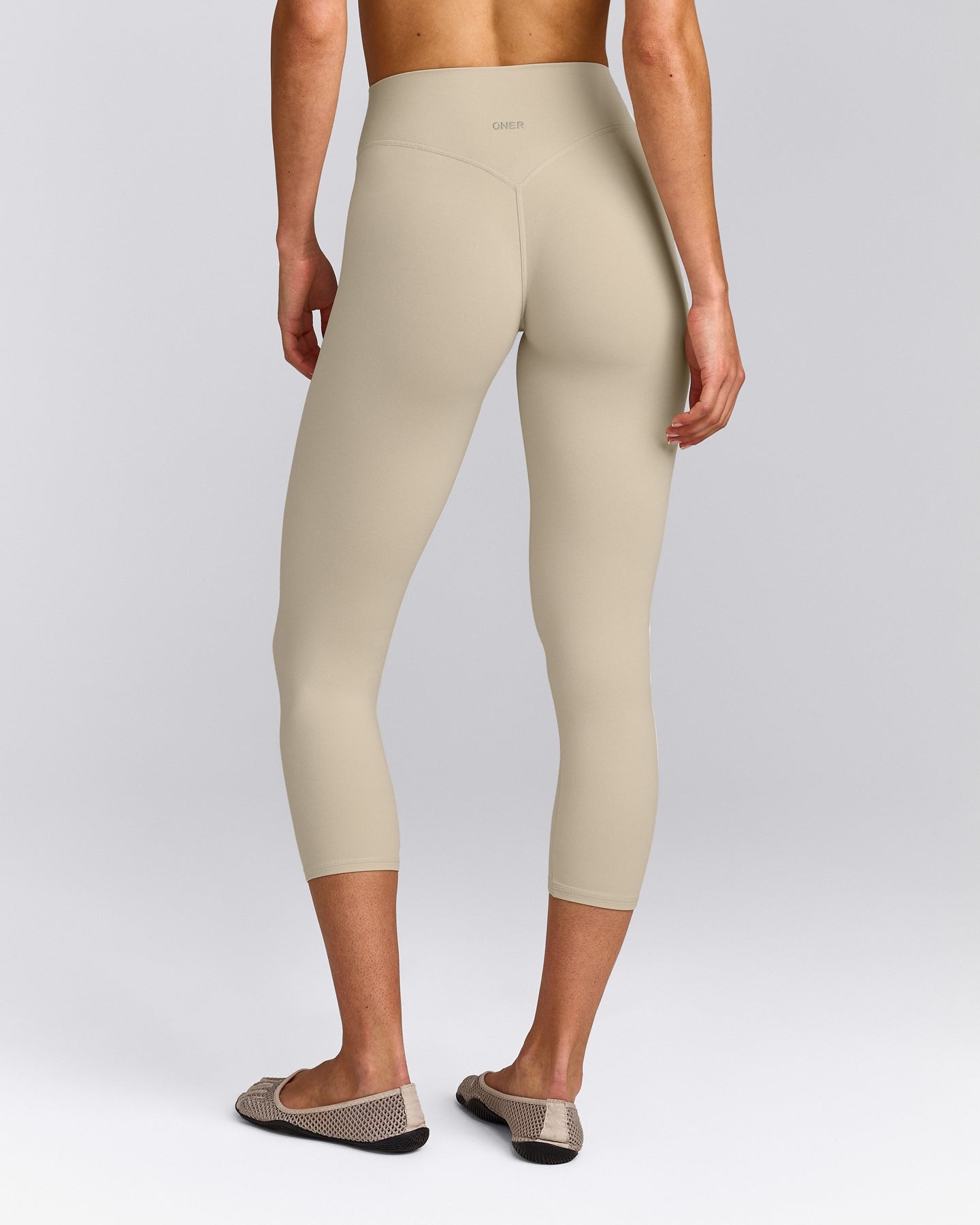 SoftMotion™ 3/4 Length Leggings with Gray Logo | Oatmeal