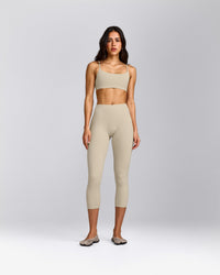 SoftMotion™ 3/4 Length Leggings with Gray Logo | Oatmeal