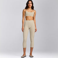 SoftMotion™ 3/4 Length Leggings with Gray Logo | Oatmeal