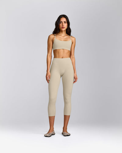 SoftMotion™ 3/4 Length Leggings with Gray Logo | Oatmeal