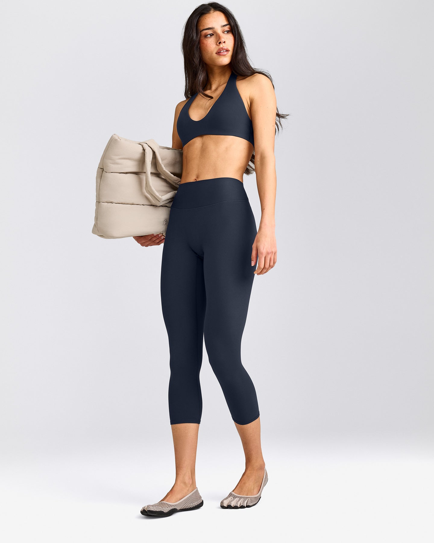 SoftMotion™ 3/4 Length Leggings with Gray Logo | True Blue