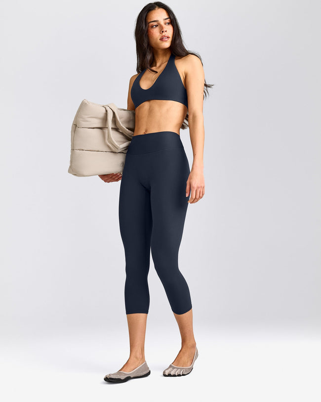 SoftMotion™ 3/4 Length Leggings with Gray Logo | True Blue