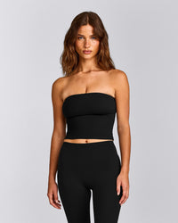 SoftMotion™ Bandeau Mid Tank Top with Built in Bra Shelf with Gray Logo | Black