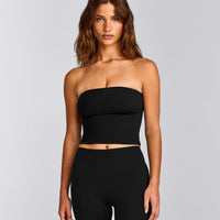 SoftMotion™ Bandeau Mid Tank Top with Built in Bra Shelf with Gray Logo | Black