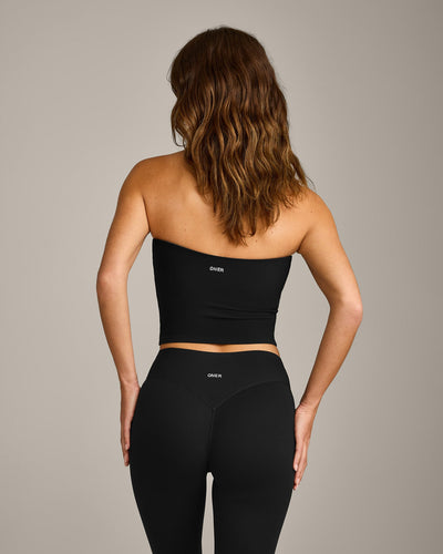 SoftMotion™ Bandeau Mid Tank Top with Built in Bra Shelf with Gray Logo | Black