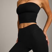SoftMotion™ Bandeau Mid Tank Top with Built in Bra Shelf with Gray Logo | Black