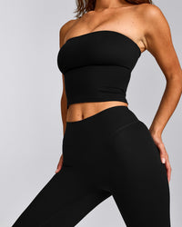 SoftMotion™ Bandeau Mid Tank Top with Built in Bra Shelf with Gray Logo | Black