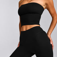SoftMotion™ Bandeau Mid Tank Top with Built in Bra Shelf with Gray Logo | Black