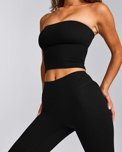 SoftMotion™ Bandeau Mid Tank Top with Built in Bra Shelf with Gray Logo | Black