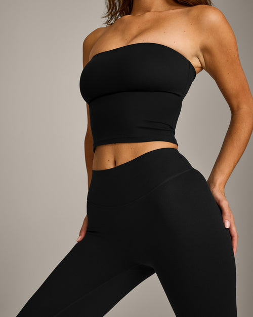 SoftMotion™ Bandeau Mid Tank Top with Built in Bra Shelf with Gray Logo | Black