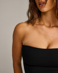 SoftMotion™ Bandeau Mid Tank Top with Built in Bra Shelf with Gray Logo | Black