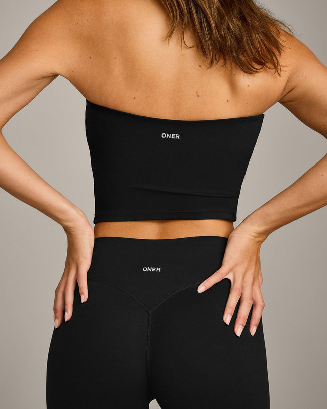 SoftMotion™ Bandeau Mid Tank Top with Built in Bra Shelf with Gray Logo | Black