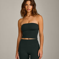 SoftMotion™ Bandeau Mid Tank Top with Built in Bra Shelf with Gray Logo | Emerald Noir