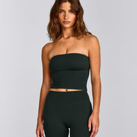 SoftMotion™ Bandeau Mid Tank Top with Built in Bra Shelf with Gray Logo | Emerald Noir