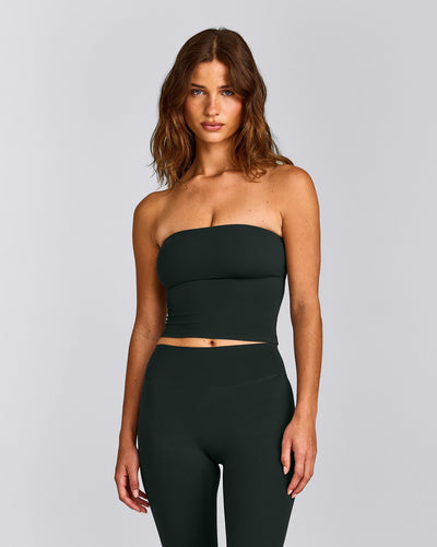 SoftMotion™ Bandeau Mid Tank Top with Built in Bra Shelf with Gray Logo | Emerald Noir