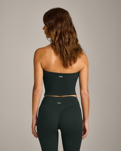 SoftMotion™ Bandeau Mid Tank Top with Built in Bra Shelf with Gray Logo | Emerald Noir