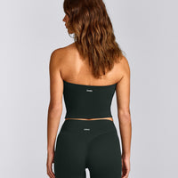 SoftMotion™ Bandeau Mid Tank Top with Built in Bra Shelf with Gray Logo | Emerald Noir