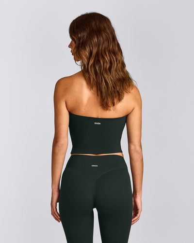 SoftMotion™ Bandeau Mid Tank Top with Built in Bra Shelf with Gray Logo | Emerald Noir
