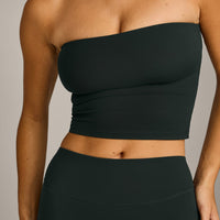 SoftMotion™ Bandeau Mid Tank Top with Built in Bra Shelf with Gray Logo | Emerald Noir