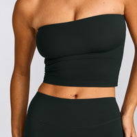 SoftMotion™ Bandeau Mid Tank Top with Built in Bra Shelf with Gray Logo | Emerald Noir