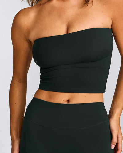 SoftMotion™ Bandeau Mid Tank Top with Built in Bra Shelf with Gray Logo | Emerald Noir